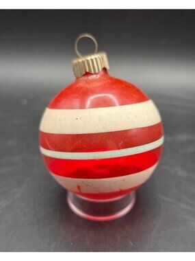 Vintage MCM Shiny Brite Unsilvered Red Striped WWII Era Christmas Ornament USA